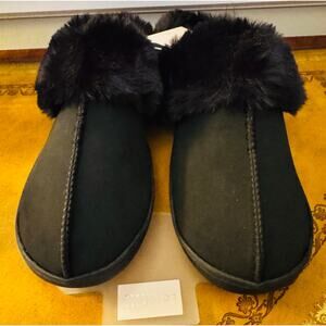Lauren Conrad Womens Black Vegan Faux Fir Slip On Clog Durable Slippers NEW Sz 8